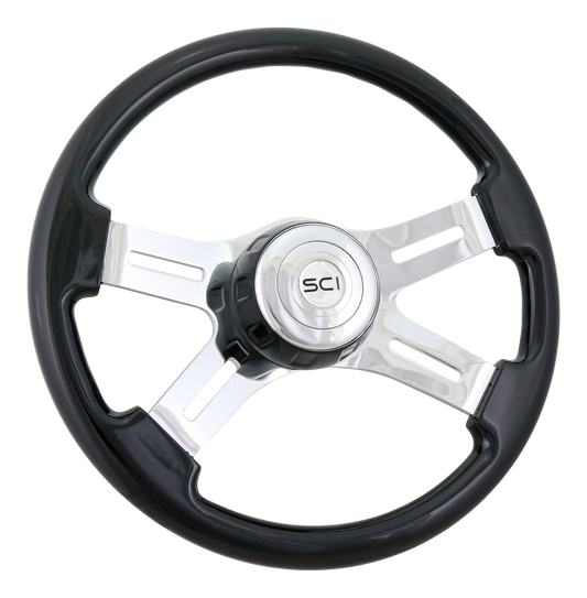 16" Classic Black - 16" Wood Rim, Chrome 4-Spoke w/Slot Cut Outs Steering Wheel, Black Bezel, Chrome Horn Button-Logo