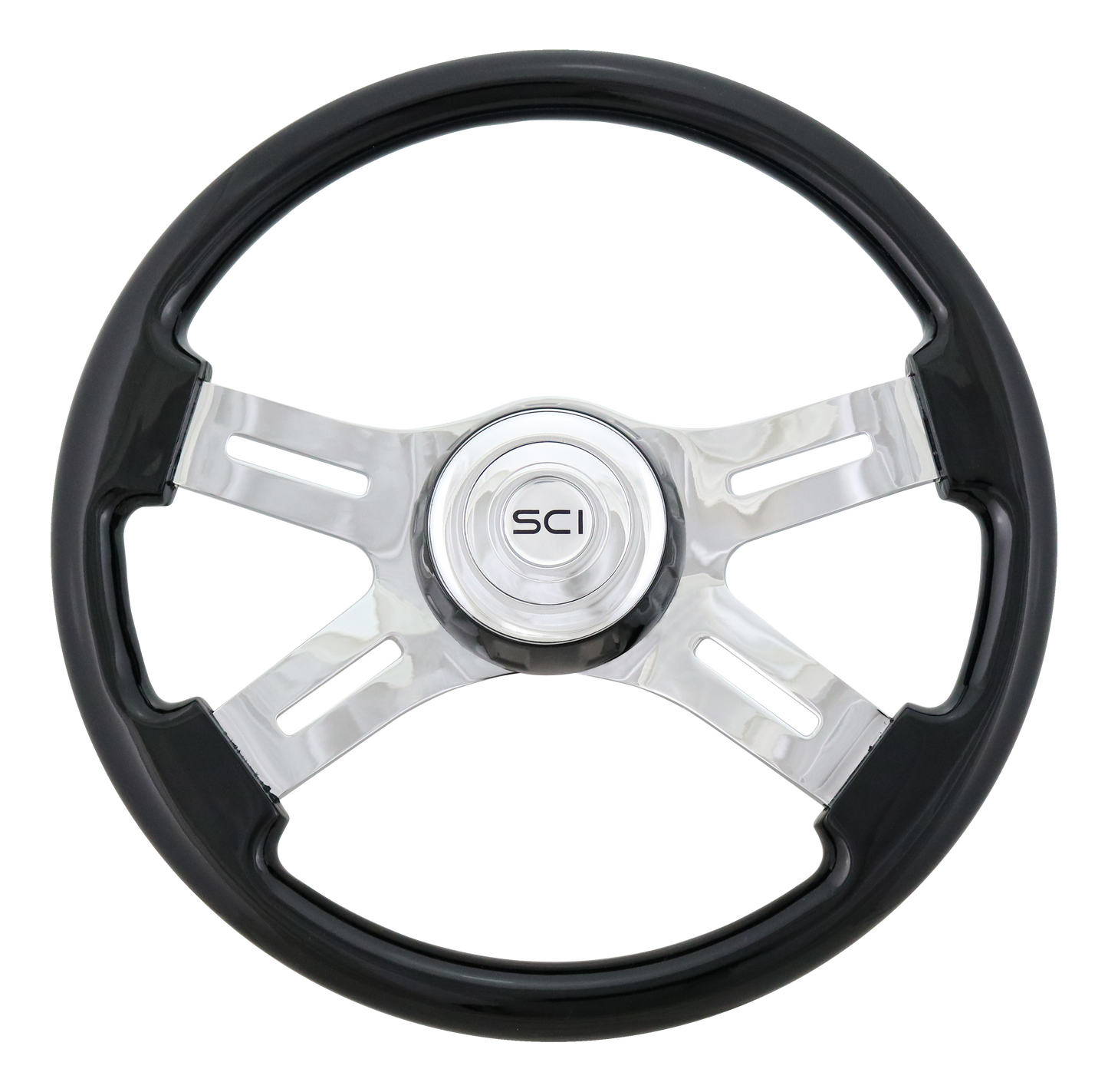 16" Classic Black - 16" Wood Rim, Chrome 4-Spoke w/Slot Cut Outs Steering Wheel, Black Bezel, Chrome Horn Button-Logo