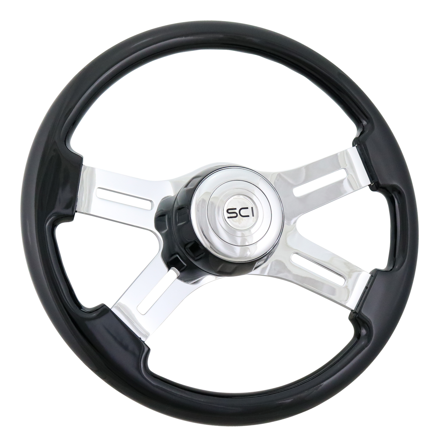 16" Classic Black - 16" Wood Rim, Chrome 4-Spoke w/Slot Cut Outs Steering Wheel, Black Bezel, Chrome Horn Button-Logo