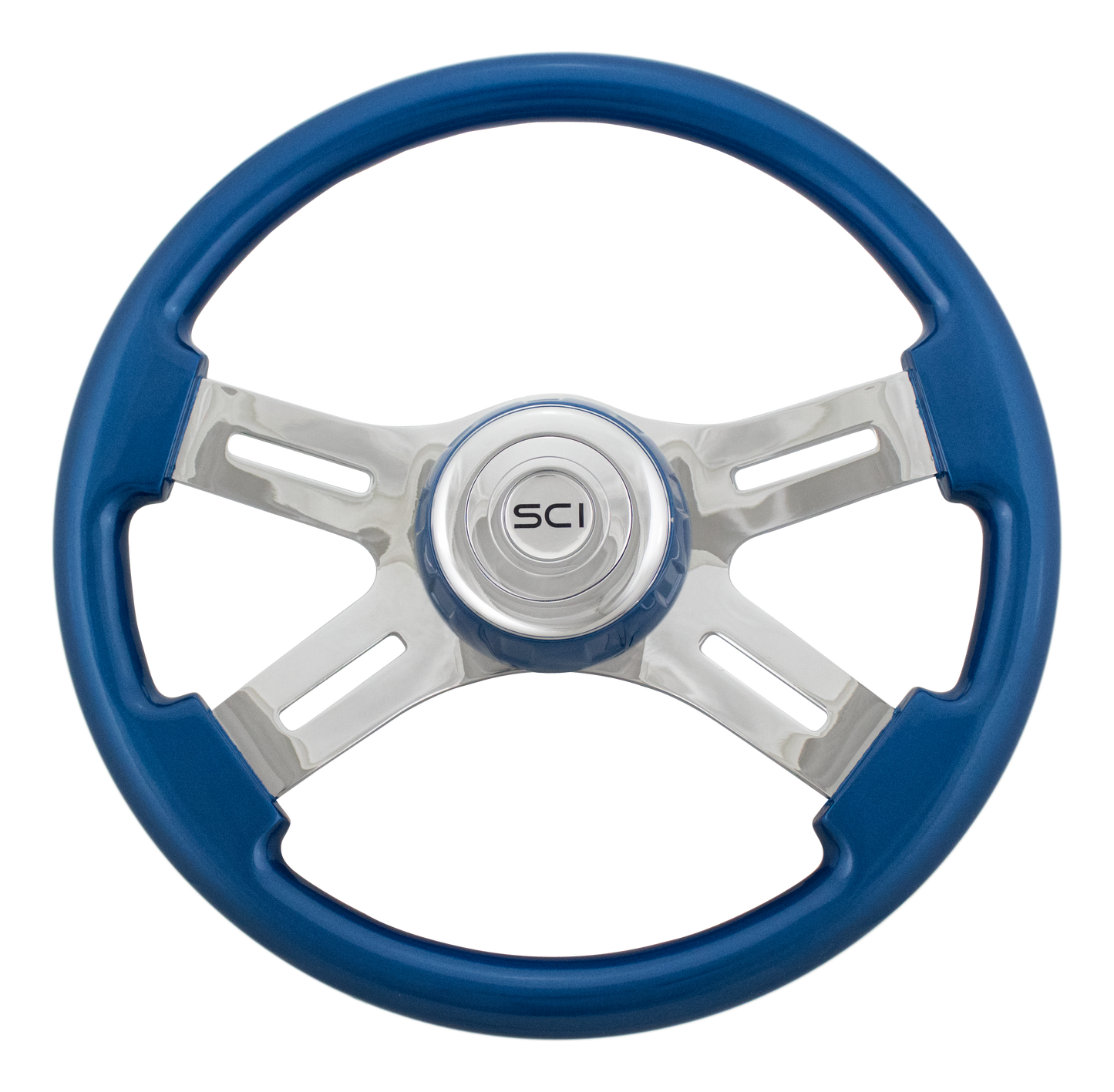 16" Classic Blue - Wood Rim, Chrome 4-Spoke w/Slot Cut Outs Steering Wheel, Blue Bezel, Chrome Horn Button-Logo