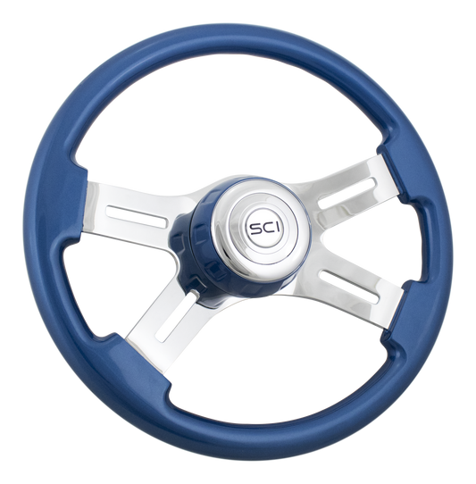 16" Classic Blue - Wood Rim, Chrome 4-Spoke w/Slot Cut Outs Steering Wheel, Blue Bezel, Chrome Horn Button-Logo