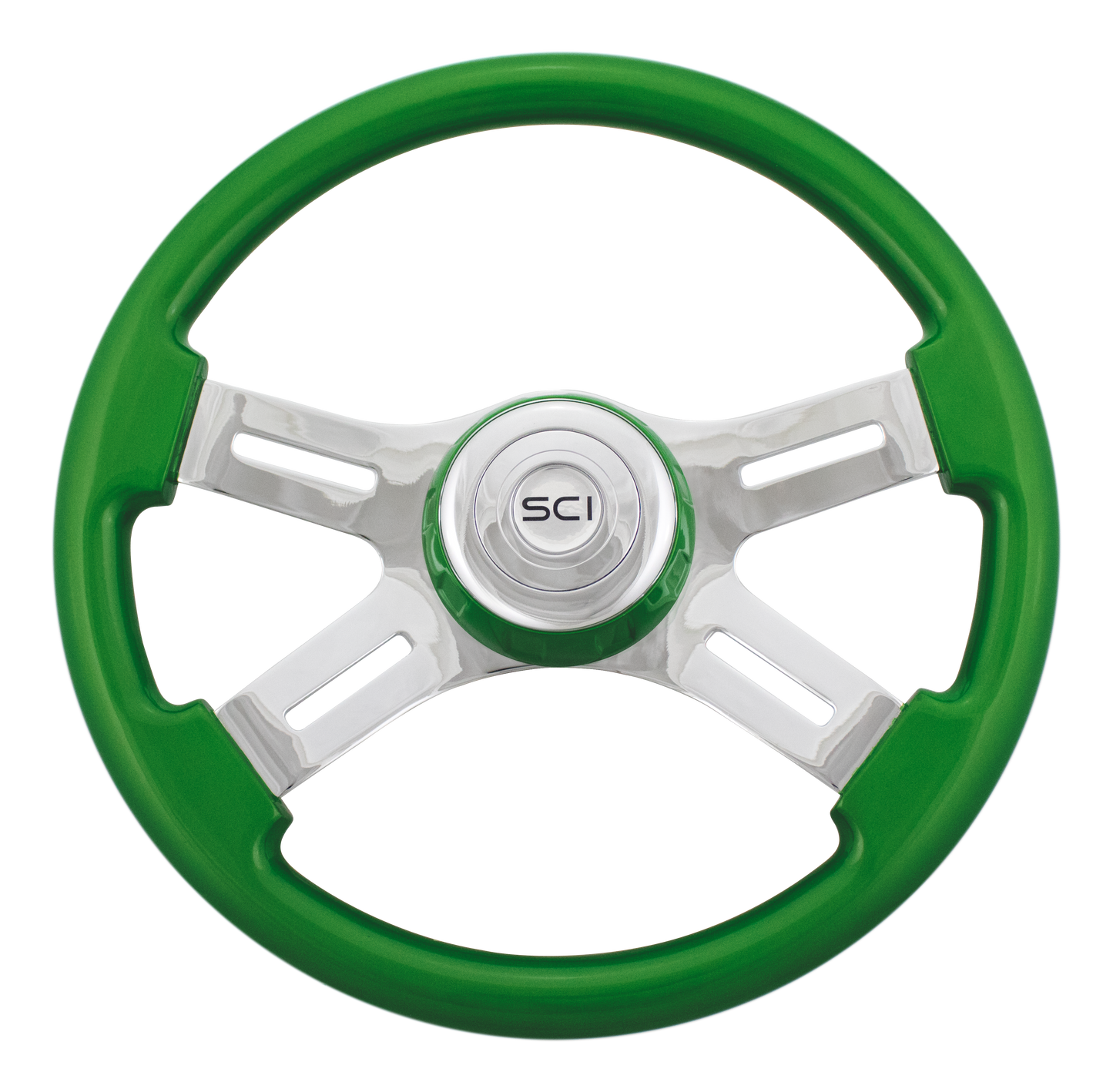 16" Classic Green - Painted  Steering Wheel Wood Rim, Chrome 4-Spoke w/Slot Cut Outs, Green Bezel, Chrome Horn Button