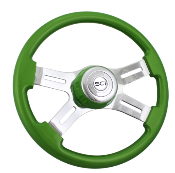 16" Classic Green - Painted  Steering Wheel Wood Rim, Chrome 4-Spoke w/Slot Cut Outs, Green Bezel, Chrome Horn Button