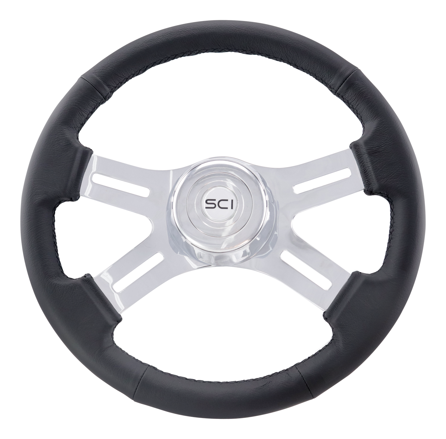 16" Classic Leather - 16" Black Leather Rim, Chrome 4-Spoke w/Slot Cut Outs, Chrome Bezel, Chrome Horn Button - SCI Logo