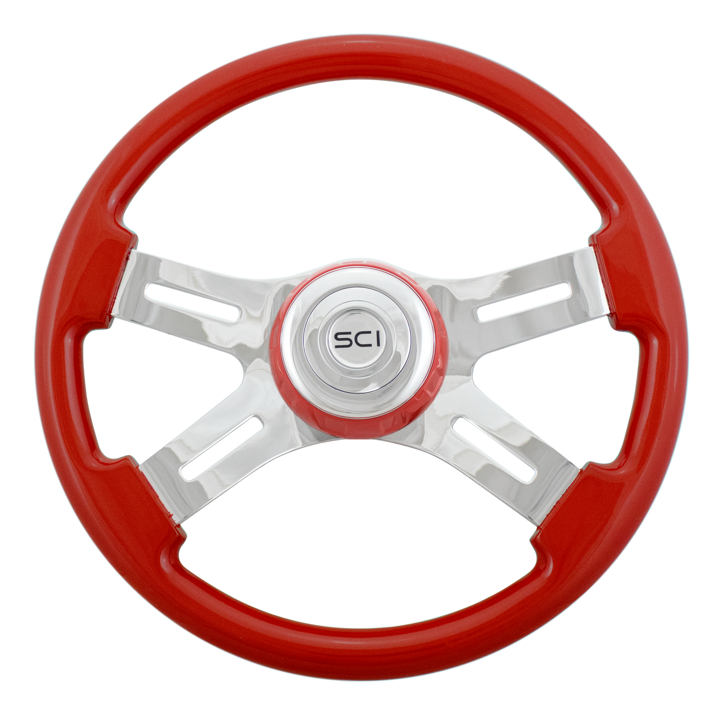 16" Classic Viper Red-16" Wood Rim, Chrome 4-Spoke w/Slot Cut Outs Steering Wheel, Viper Red Bezel, Chrome Horn Button-Logo