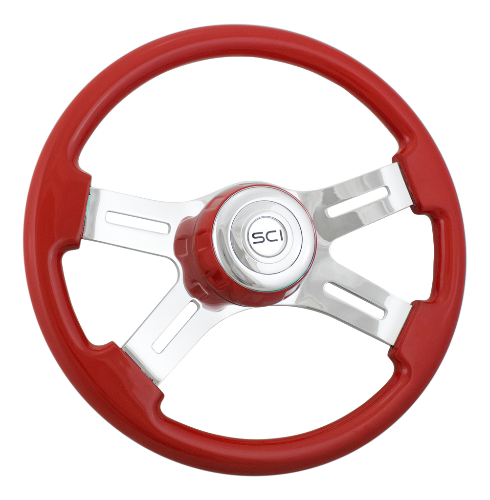 16" Classic Viper Red-16" Wood Rim, Chrome 4-Spoke w/Slot Cut Outs Steering Wheel, Viper Red Bezel, Chrome Horn Button-Logo