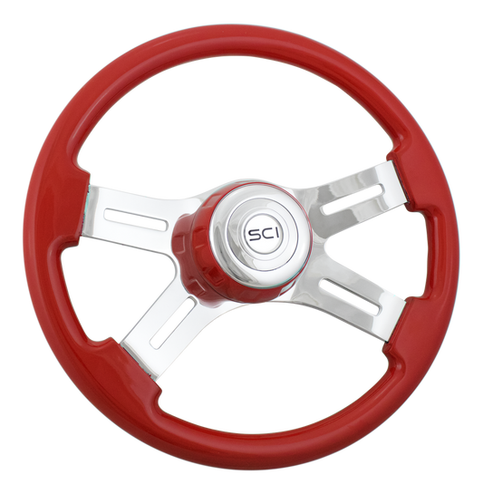 16" Classic Viper Red-16" Wood Rim, Chrome 4-Spoke w/Slot Cut Outs Steering Wheel, Viper Red Bezel, Chrome Horn Button-Logo