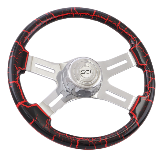 16" Classic Viper Red Crackle - 16" Painted Wood Rim, Chrome 4-Spoke w/Slot Cut Outs, Chrome Bezel, Chrome Horn Button - SCI Logo