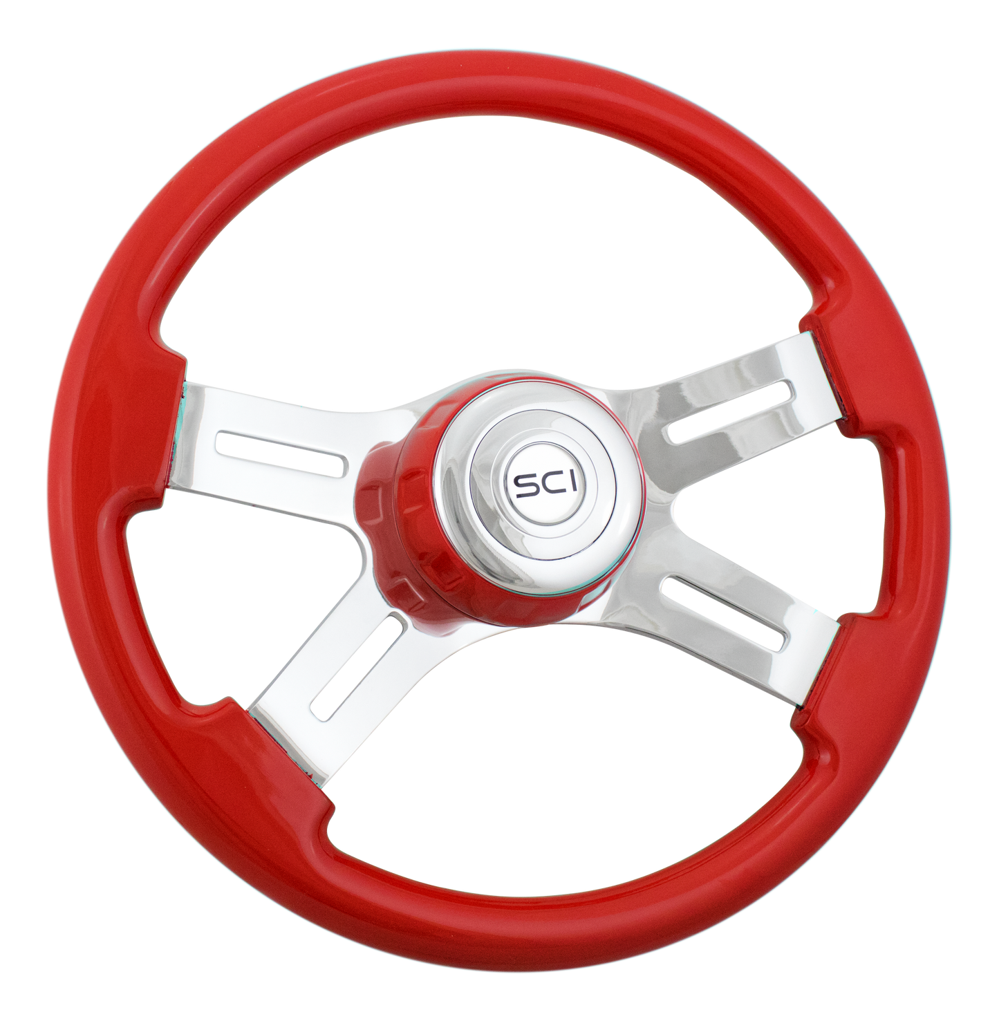 16" Classic Viper Red - 16" Painted Wood Rim, Chrome 4-Spoke w/Slot Cut Outs, Viper Red Bezel, Chrome Horn Button - SCI Logo