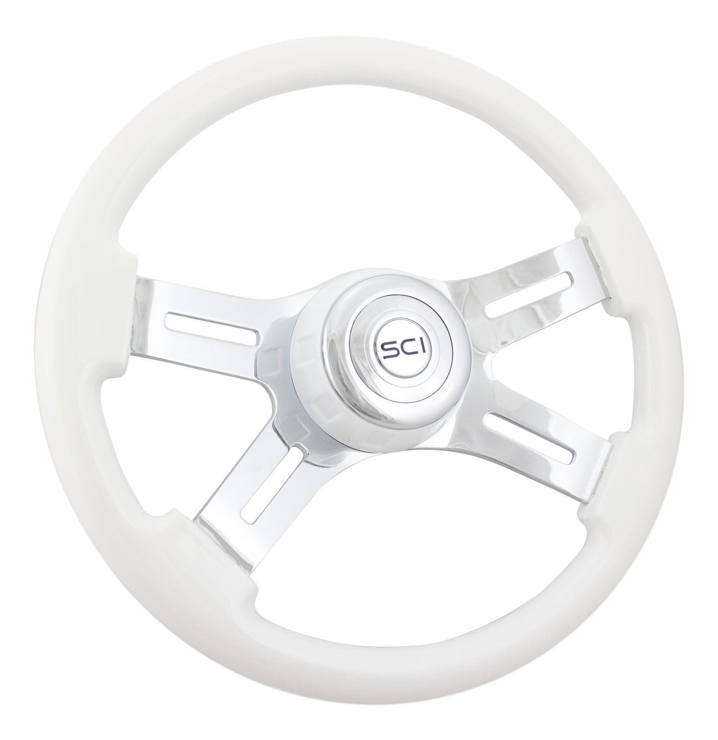16" Classic White - 16" Painted Wood Rim, Chrome 4-Spoke w/Slot Cut Outs, White Bezel, Chrome Horn Button - SCI Logo