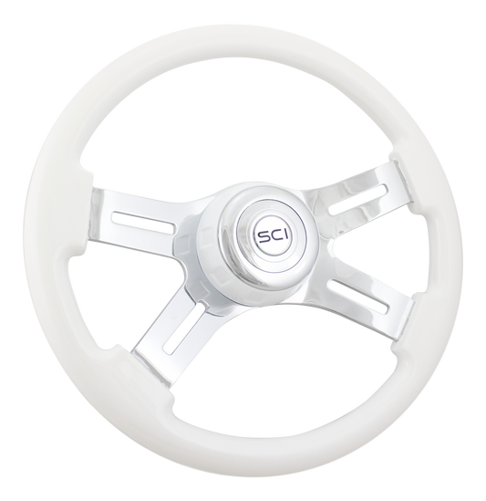 16" Classic White - 16" Painted Wood Rim, Chrome 4-Spoke w/Slot Cut Outs, White Bezel, Chrome Horn Button - SCI Logo