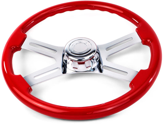 16” RED WOOD STEERING WHEEL WITH 4 CHROME SPOKES