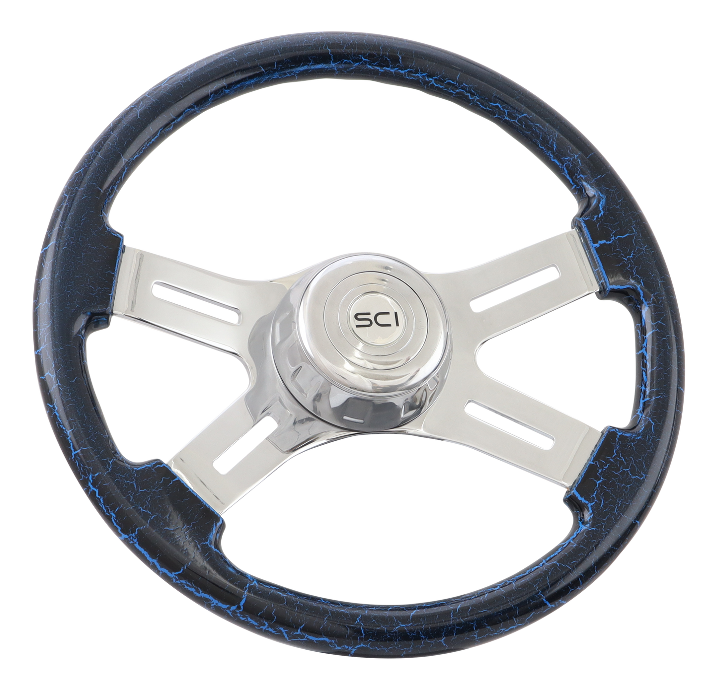 16" Steering Wheel Classic Blue Crackle ainted Wood Rim, Chrome 4-Spoke w/Slot Cut Outs, Chrome Bezel, Chrome Horn Button