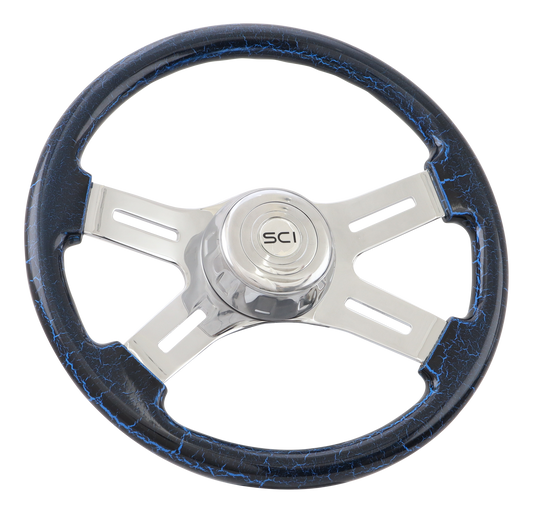 16" Steering Wheel Classic Blue Crackle ainted Wood Rim, Chrome 4-Spoke w/Slot Cut Outs, Chrome Bezel, Chrome Horn Button