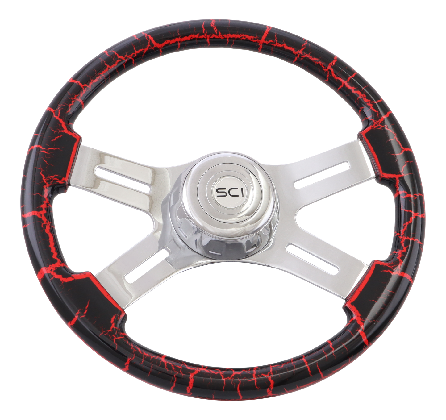 16" Steering Wheel Classic "Viper Red Crackle" Painted Wood Rim, Chrome 4-Spoke w/Slot Cut Outs, Chrome Bezel, Chrome Horn Button