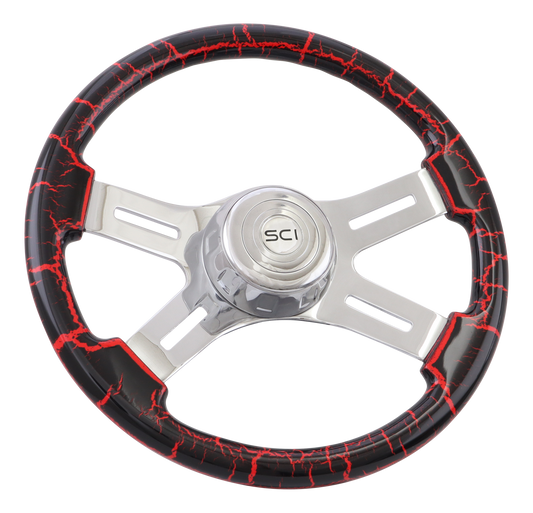 16" Steering Wheel Classic "Viper Red Crackle" Painted Wood Rim, Chrome 4-Spoke w/Slot Cut Outs, Chrome Bezel, Chrome Horn Button