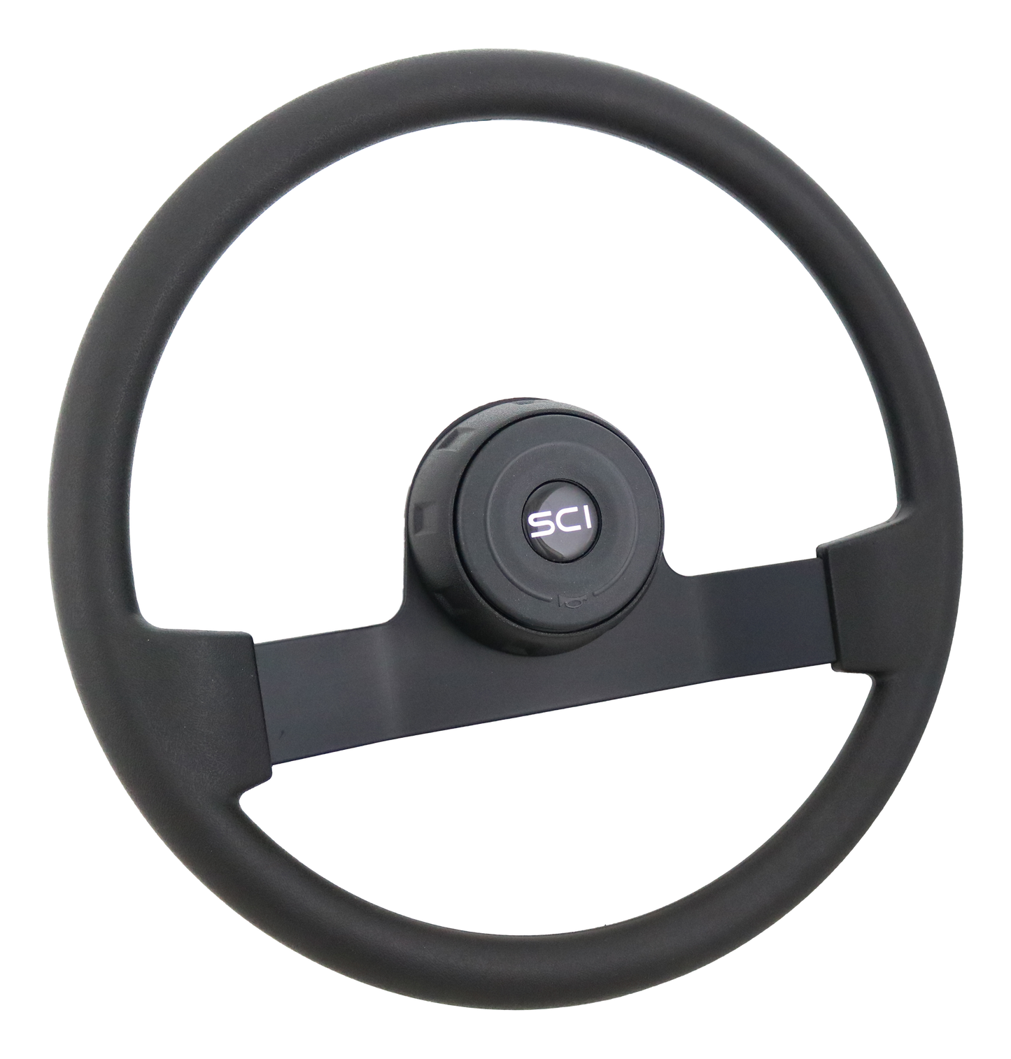 16" Steering Wheel Polyurethane Rim, Black Powder Coated 2-Spoke, Black Textured Bezel, Black Horn Button