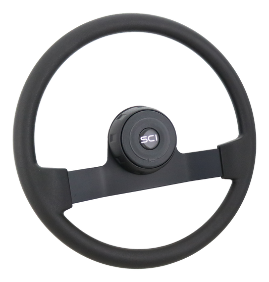 16" Steering Wheel Polyurethane Rim, Black Powder Coated 2-Spoke, Black Textured Bezel, Black Horn Button