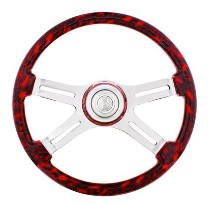 18" 4 Spoke Skull Steering Wheel With Matching Skull Horn Bezel - Red