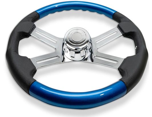 18″ BLUE WOOD AND LEATHER STEERING WHEEL WITH 4 CHROME SPOKES