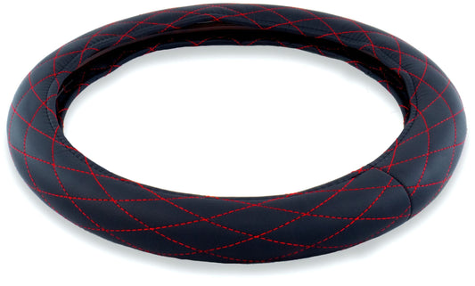 18″ DIAMOND CUSHION STEERING WHEEL COVER BLACK W/ RED STITCHING