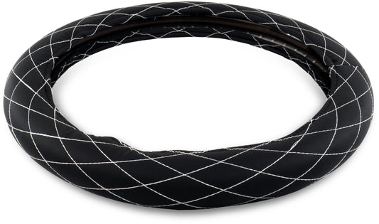 18″ DIAMOND CUSHION STEERING WHEEL COVER BLACK W/ WHITE STITCHING