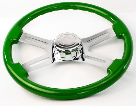 18” GREEN WOOD STEERING WHEEL WITH 4 CHROME SPOKES