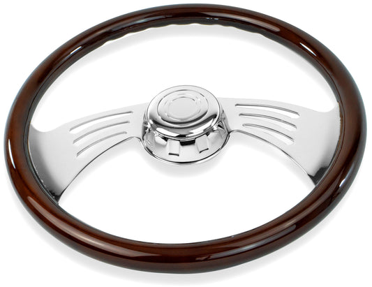 18” MAHOGANY WOOD STEERING WHEEL WITH CHROME WING DESIGN SPOKES