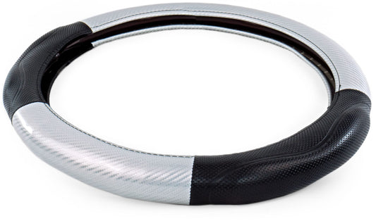 18″ MEMORY FOAM CARBON FIBER STYLE STEERING WHEEL COVER – SILVER