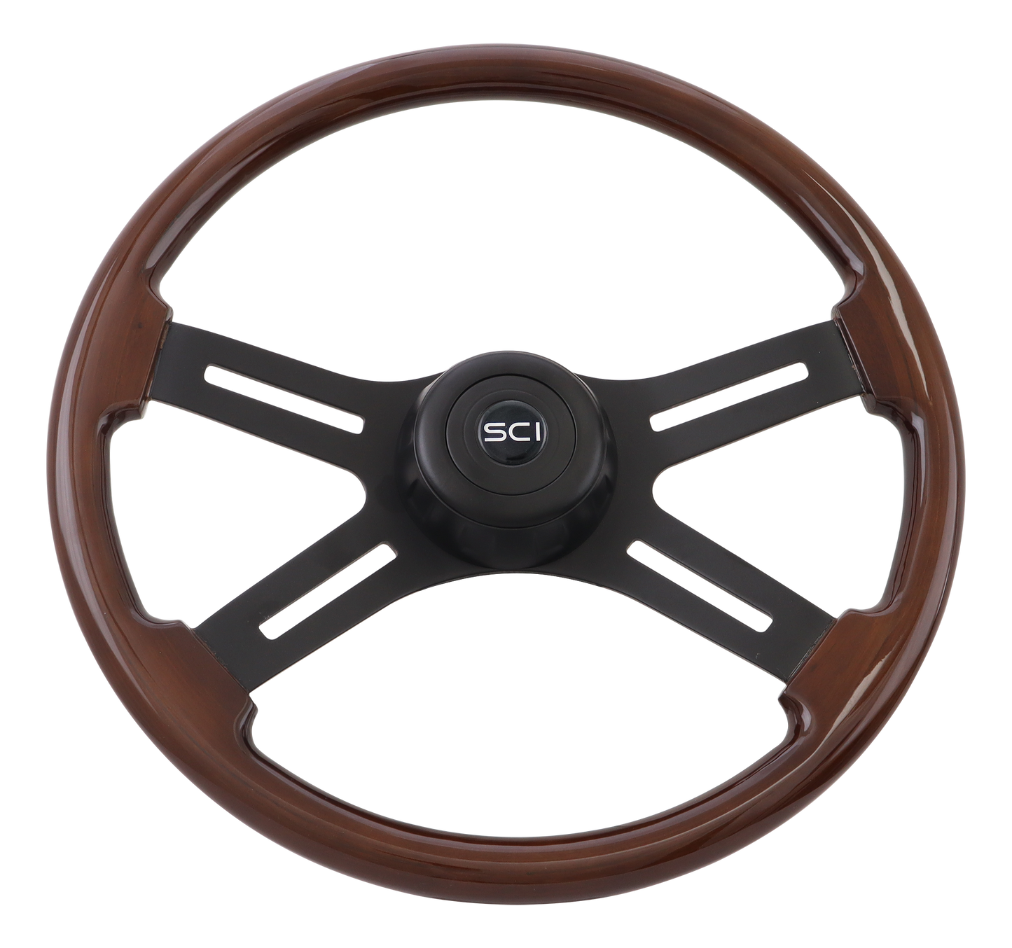 18" "Midnight Mahogany" Steering Wheel Matte Black 4-Spoke w/Slot Cut Outs, Matte Black Bezel, Matte Black HB