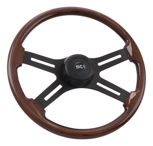 18" "Midnight Mahogany" Steering Wheel Matte Black 4-Spoke w/Slot Cut Outs, Matte Black Bezel, Matte Black HB