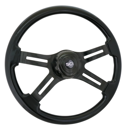 18" Phantom Steering Wheel Painted Wood Rim, Black Chrome 4-Spoke w/Slot Cut Outs, Black Chrome Bezel, Black Chrome Horn Button w/Black SCI Logo