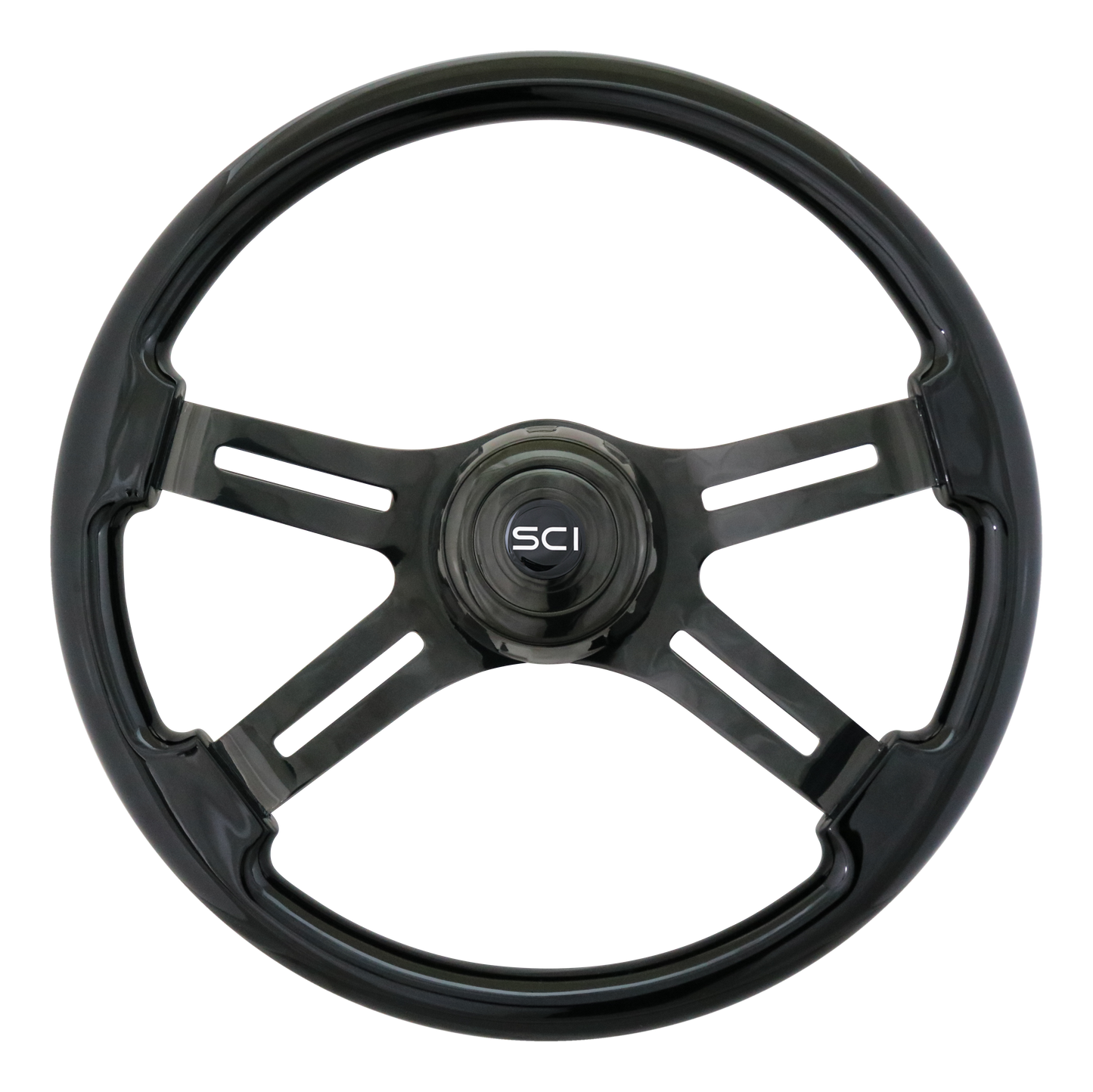 18" Phantom Steering Wheel Painted Wood Rim, Black Chrome 4-Spoke w/Slot Cut Outs, Black Chrome Bezel, Black Chrome Horn Button w/Black SCI Logo