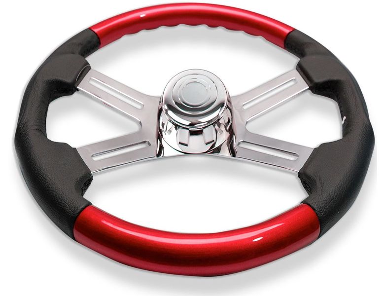 18″ RED WOOD AND LEATHER STEERING WHEEL WITH 4 CHROME SPOKES