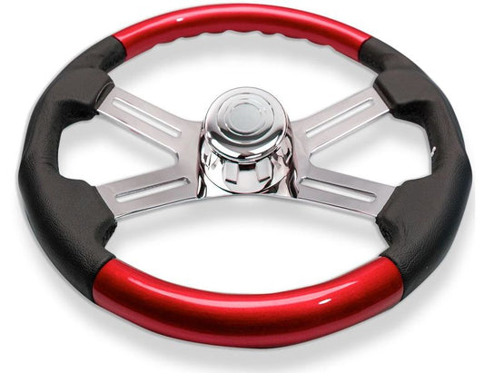 18″ RED WOOD AND LEATHER STEERING WHEEL WITH 4 CHROME SPOKES