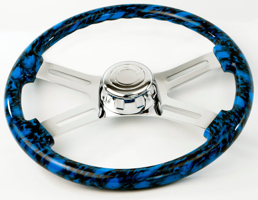 18” SKULL DESIGN BLUE WOOD STEERING WHEEL WITH 4 CHROME SPOKES