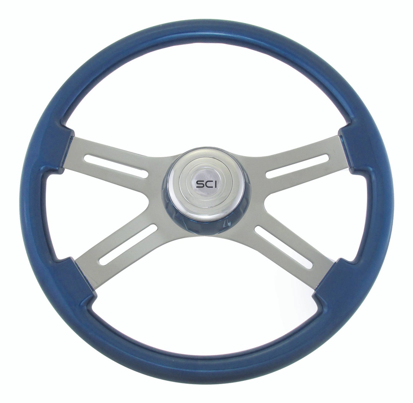 18" Steering Wheel Classic Blue Wood Rim, Chrome 4-Spoke w/ Slot Cut Outs, Matching Painted Bezel