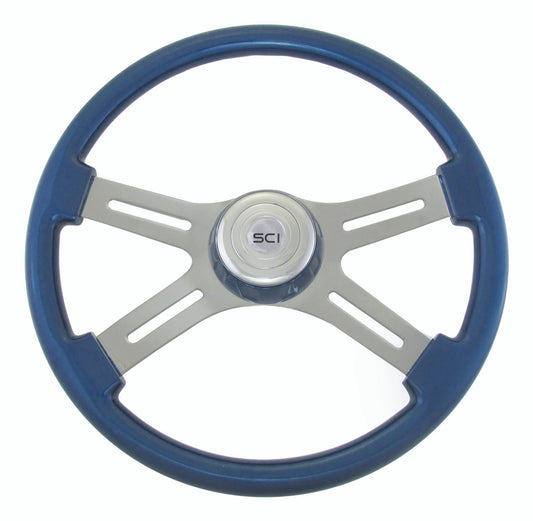 18" Steering Wheel Classic Blue Wood Rim, Chrome 4-Spoke w/ Slot Cut Outs, Matching Painted Bezel