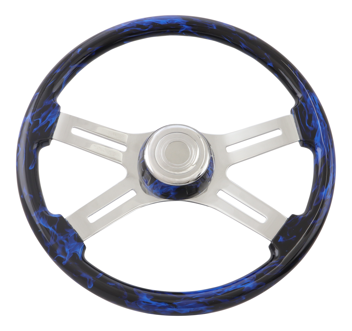 18" Steering Wheel "Classic Inferno Blue" 18" Printed Wood Rim, Chrome 4-Spoke w/Slot Cut Outs, Matching Bezel