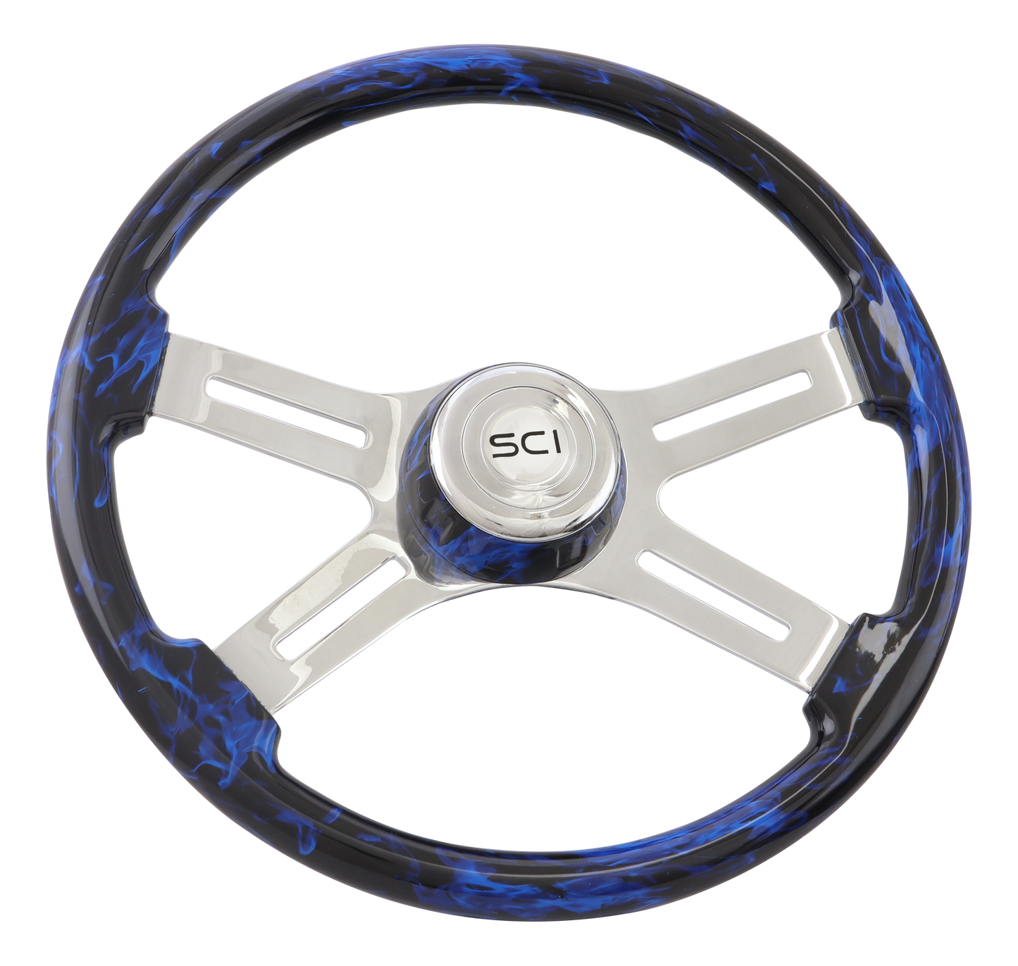 18" Steering Wheel "Classic Inferno Blue" 18" Printed Wood Rim, Chrome 4-Spoke w/Slot Cut Outs, Matching Bezel