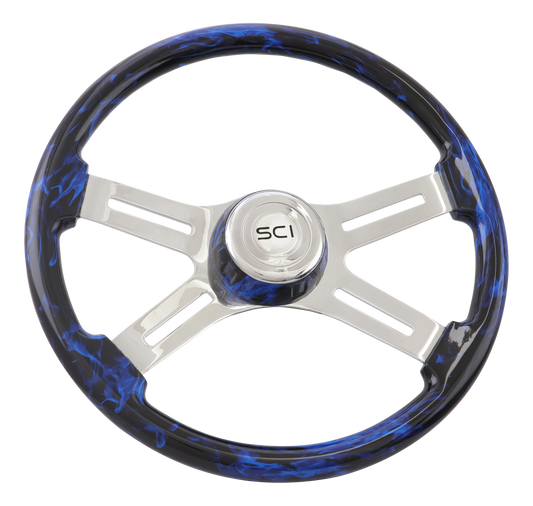 18" Steering Wheel "Classic Inferno Blue" 18" Printed Wood Rim, Chrome 4-Spoke w/Slot Cut Outs, Matching Bezel