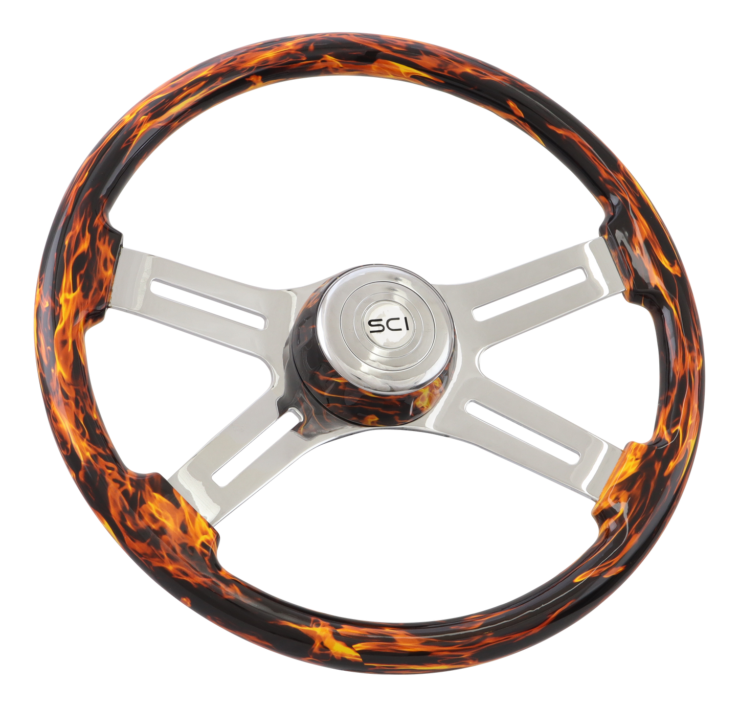 18" Steering Wheel "Classic Inferno Red " Printed Wood Rim, Chrome 4-Spoke w/Slot Cut Outs, Matching Bezel,