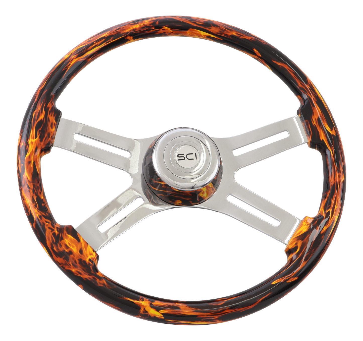 18" Steering Wheel "Classic Inferno Red " Printed Wood Rim, Chrome 4-Spoke w/Slot Cut Outs, Matching Bezel,