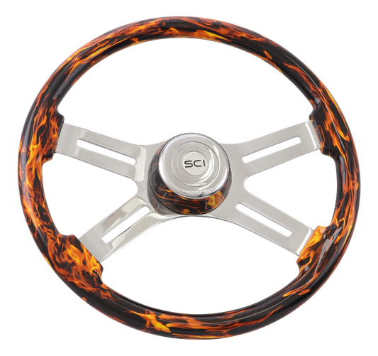 18" Steering Wheel "Classic Inferno Red " Printed Wood Rim, Chrome 4-Spoke w/Slot Cut Outs, Matching Bezel,