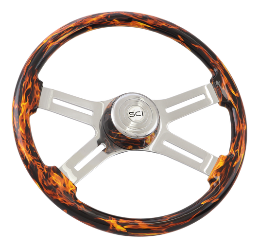 18" Steering Wheel "Classic Inferno Red " Printed Wood Rim, Chrome 4-Spoke w/Slot Cut Outs, Matching Bezel,