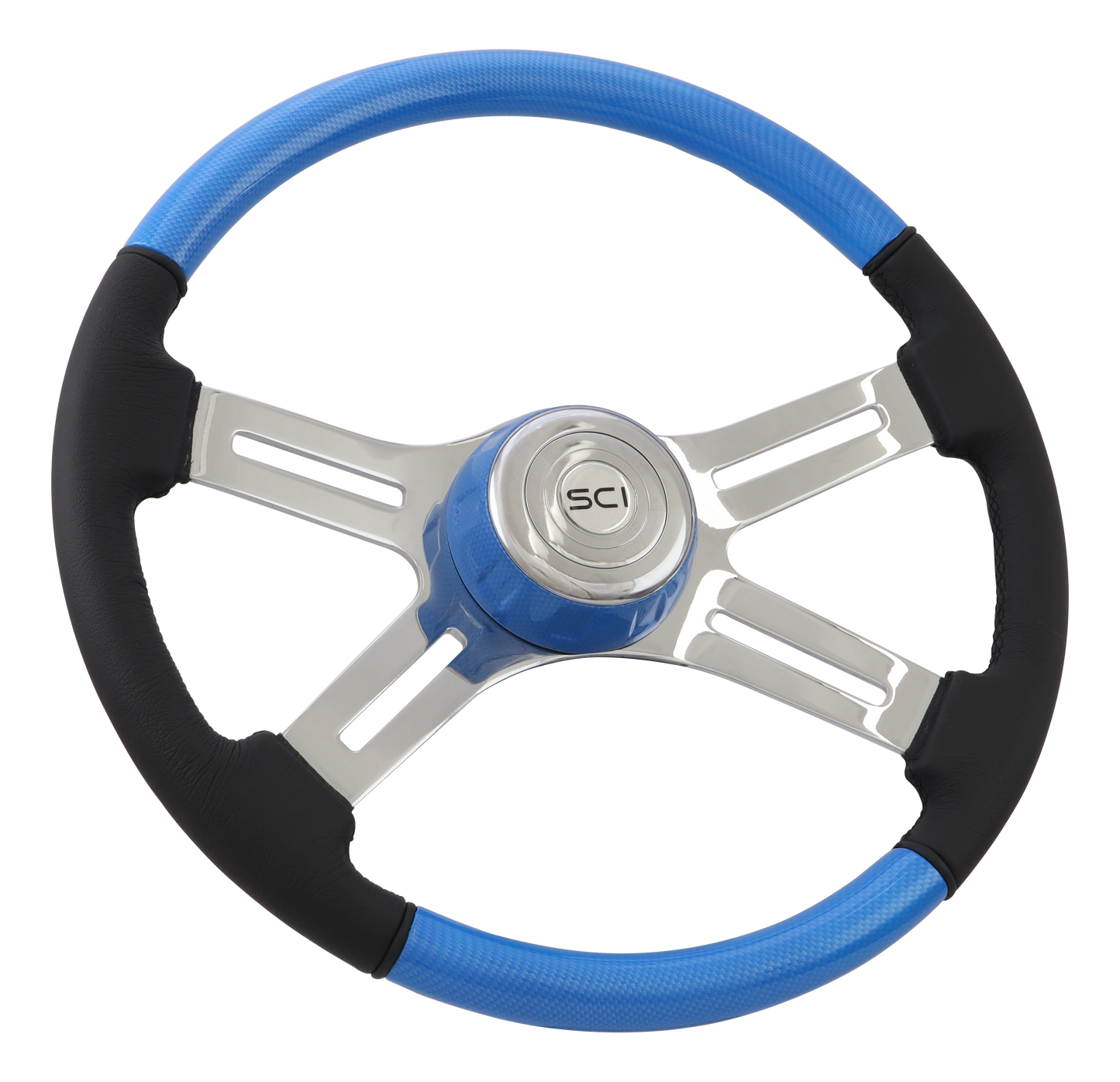 18" Steering Wheel Combo "Blue" Carbon Fiber - Painted Wood & Leather Rim, Chrome 4-Spoke w/ Slot Cut Outs, Matching Bezel,