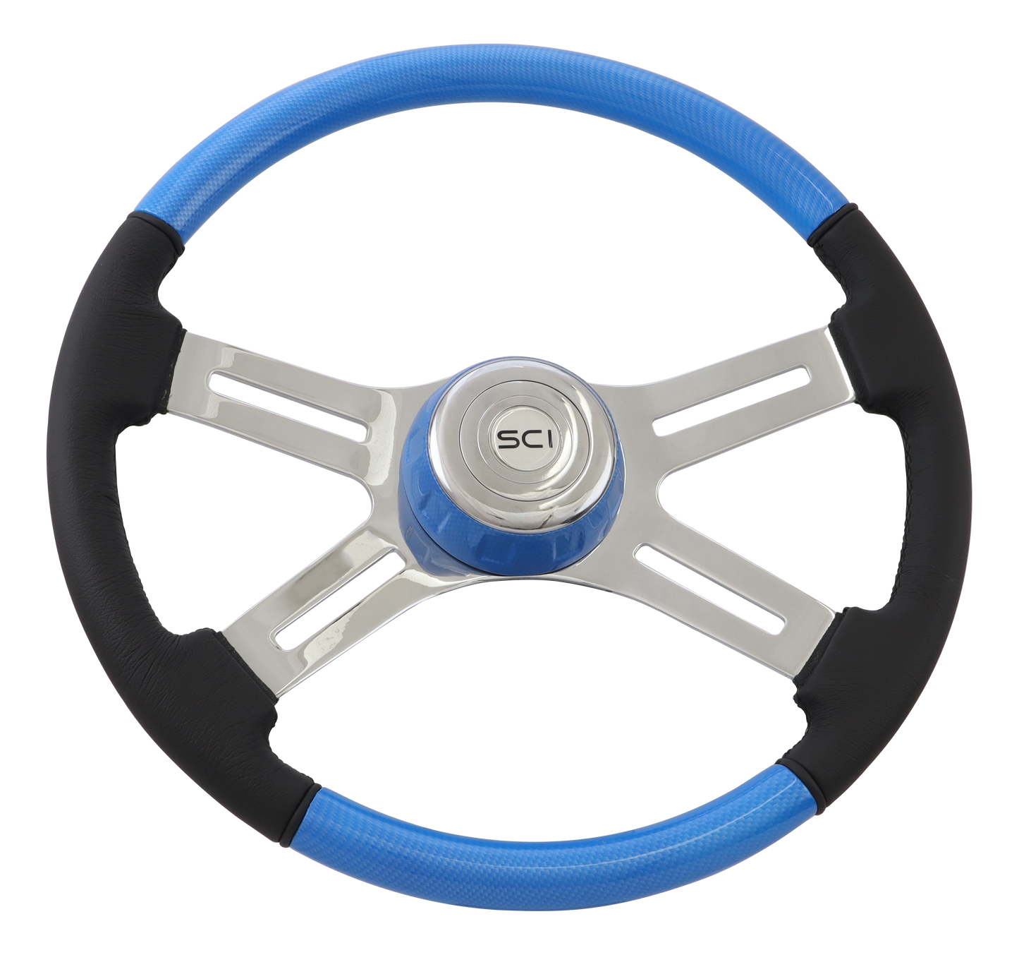 18" Steering Wheel Combo "Blue" Carbon Fiber - Painted Wood & Leather Rim, Chrome 4-Spoke w/ Slot Cut Outs, Matching Bezel,