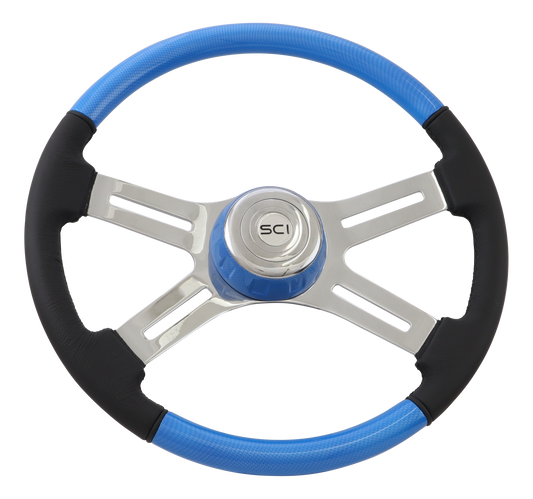 18" Steering Wheel Combo "Blue" Carbon Fiber - Painted Wood & Leather Rim, Chrome 4-Spoke w/ Slot Cut Outs, Matching Bezel,