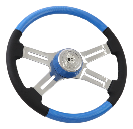 18" Steering Wheel Combo "Blue" Carbon Fiber - Painted Wood & Leather Rim, Chrome 4-Spoke w/Slot Cut Outs, Matching Bezel,