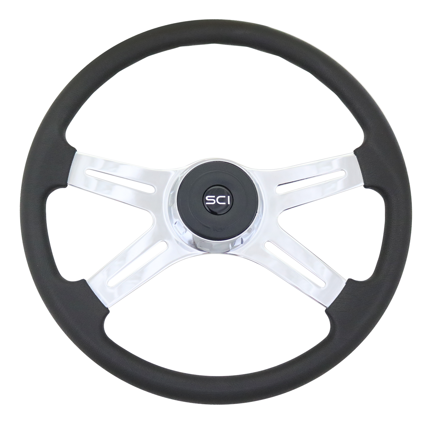 18" Steering Wheel Convoy Polyurethane, Polished Chrome Spokes 4-spoke, w/Slot Cut Outs